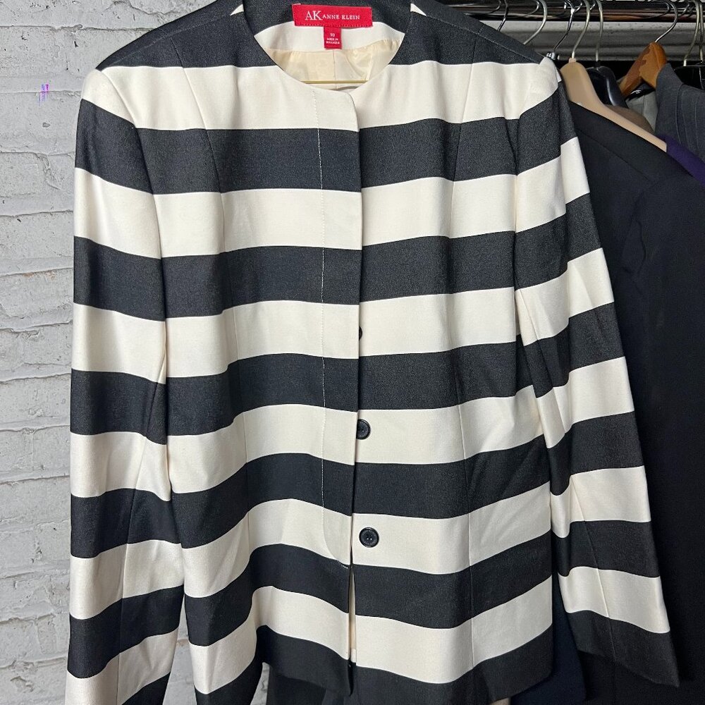 Anne Klein Blazer Jacket Ivory/Beige Black Striped Women’s Sz 10 Women